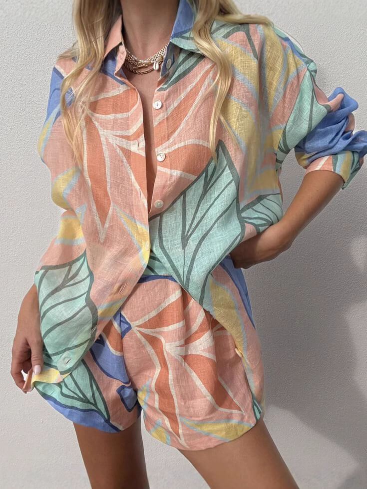 Unique Delicate Printed Loose Shirt and Shorts Set