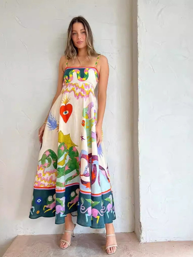 Sun Drenched Tropical Print Smocked Back Pocketed Dress