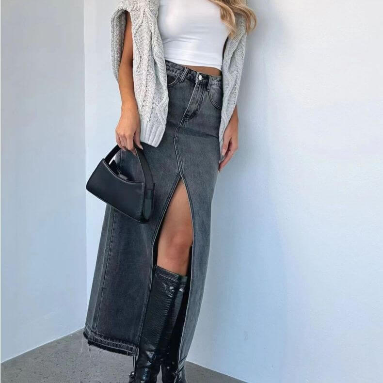 Moachic Trendy Versatile Split Denim Midi Skirt