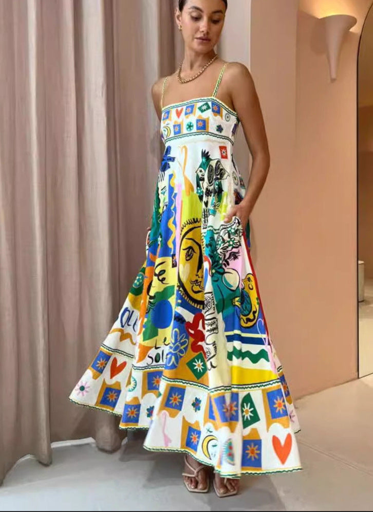 Sun Drenched Tropical Print Smocked Back Pocketed Dress