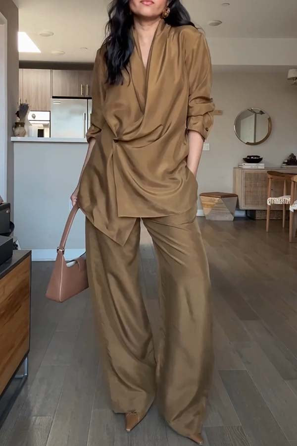 Moachic Satin Drape Collar Single Button Casual Blazer and Elastic Waist Pocket Loose Pants Set