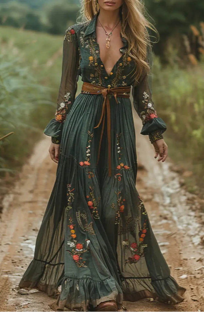 Women's Vintage V-neck Floral Bohemian Pastoral Style Long-sleeved Maxi Long Dress