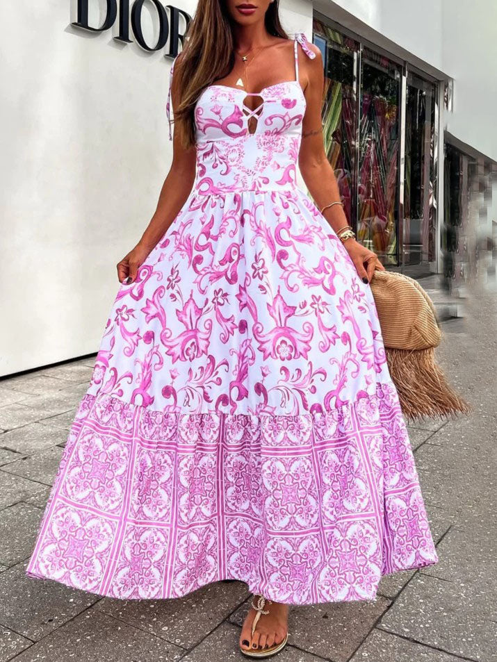 Exquisite Retro Print Holiday Sling Maxi Dress