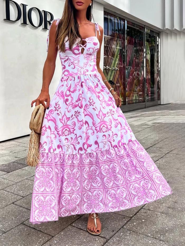 Exquisite Retro Print Holiday Sling Maxi Dress