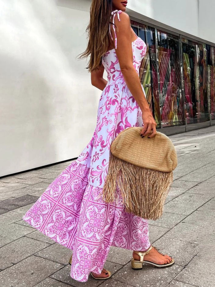 Exquisite Retro Print Holiday Sling Maxi Dress
