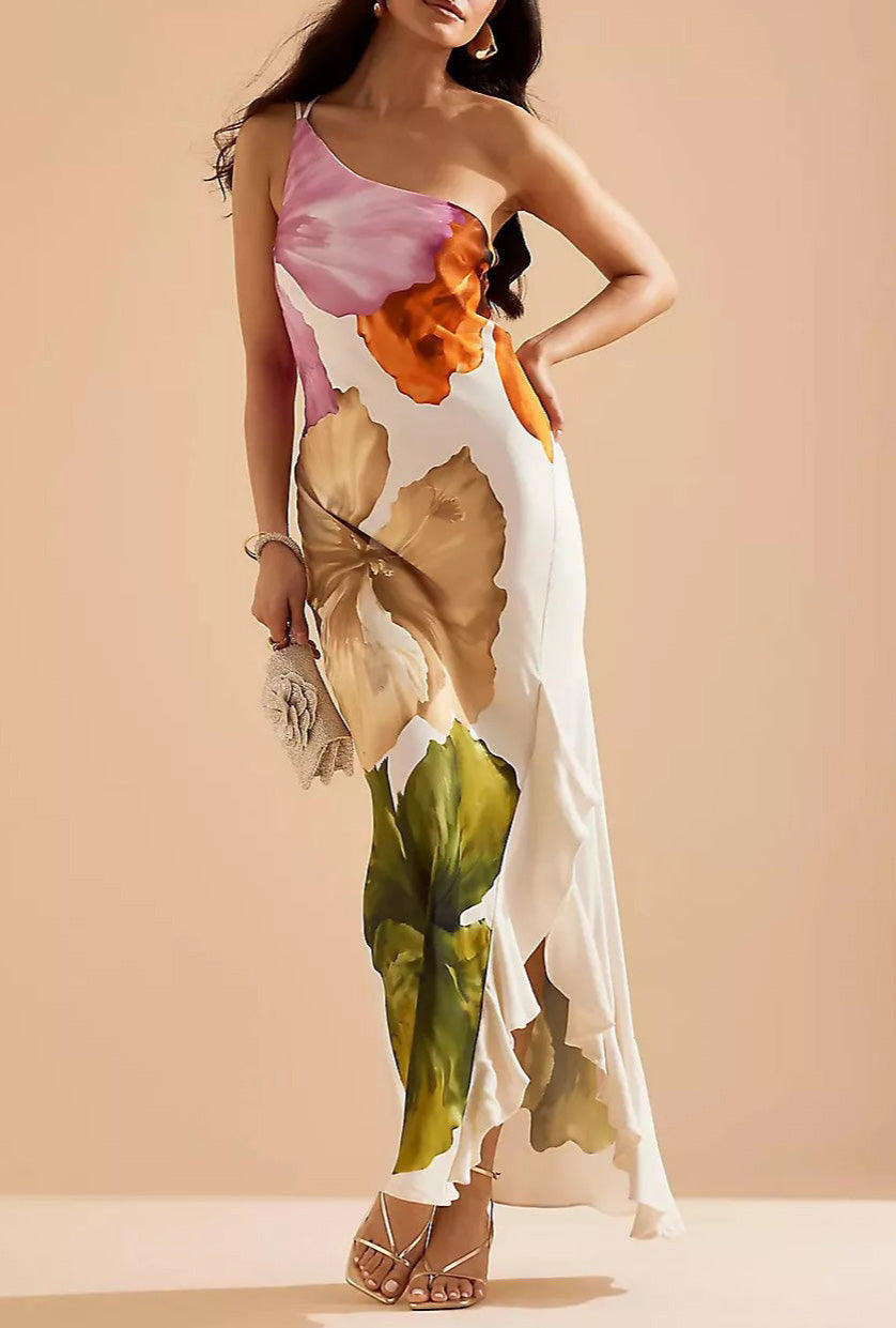 Elegant Exquisite Floral Print One-shoulder Maxi Dress