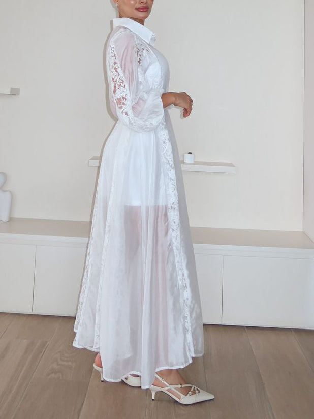 Exquisite Lace Embroidery Lapel Maxi Dress