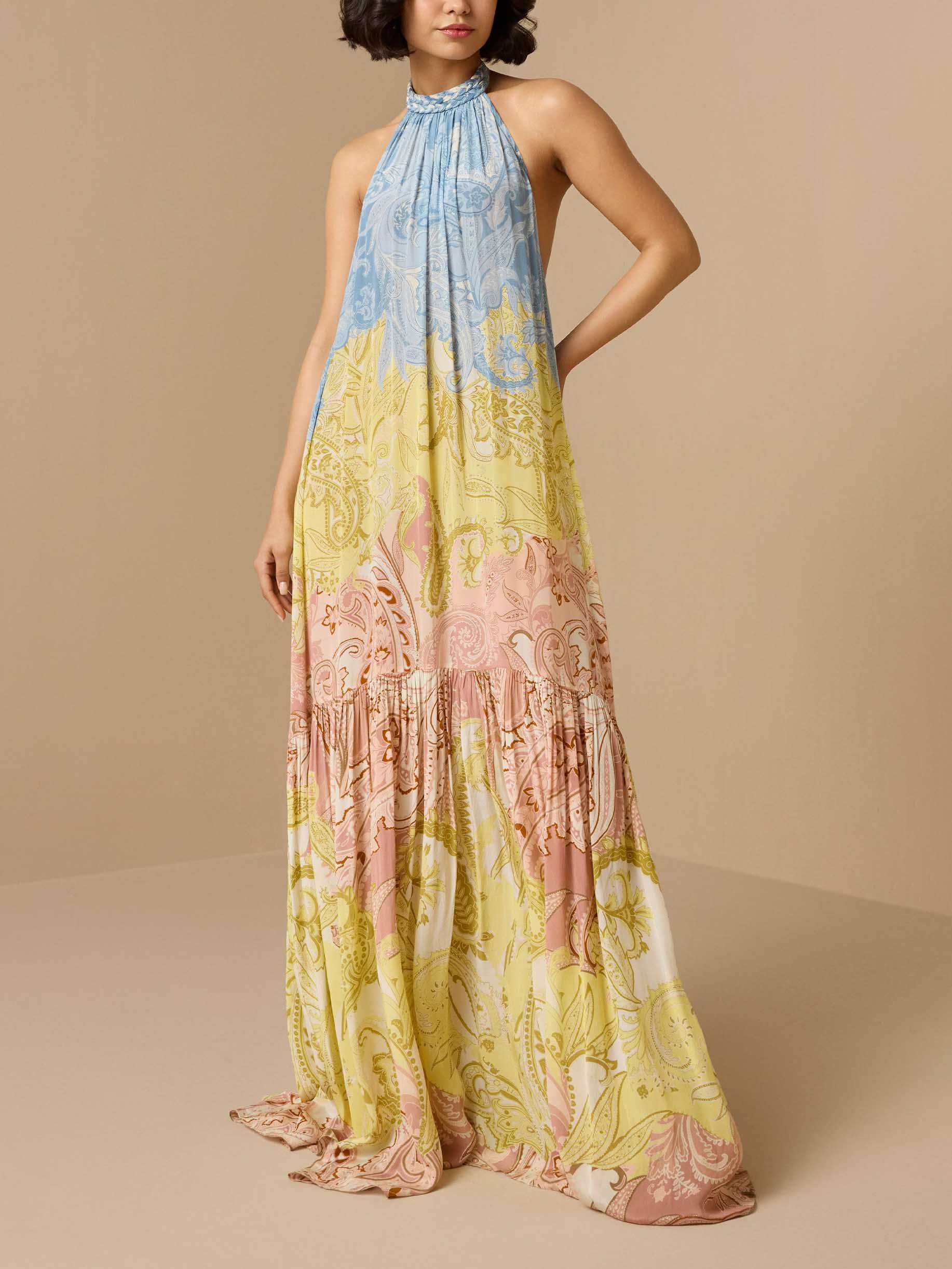 Elegant Paisley Print Braided Halter Maxi Dress
