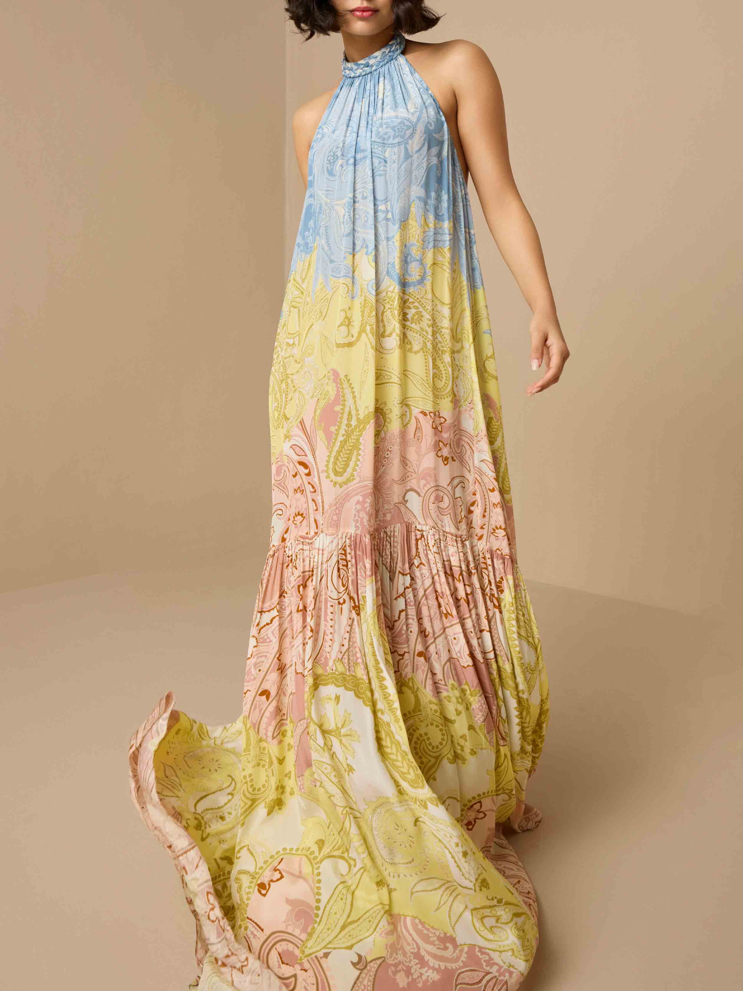 Elegant Paisley Print Braided Halter Maxi Dress