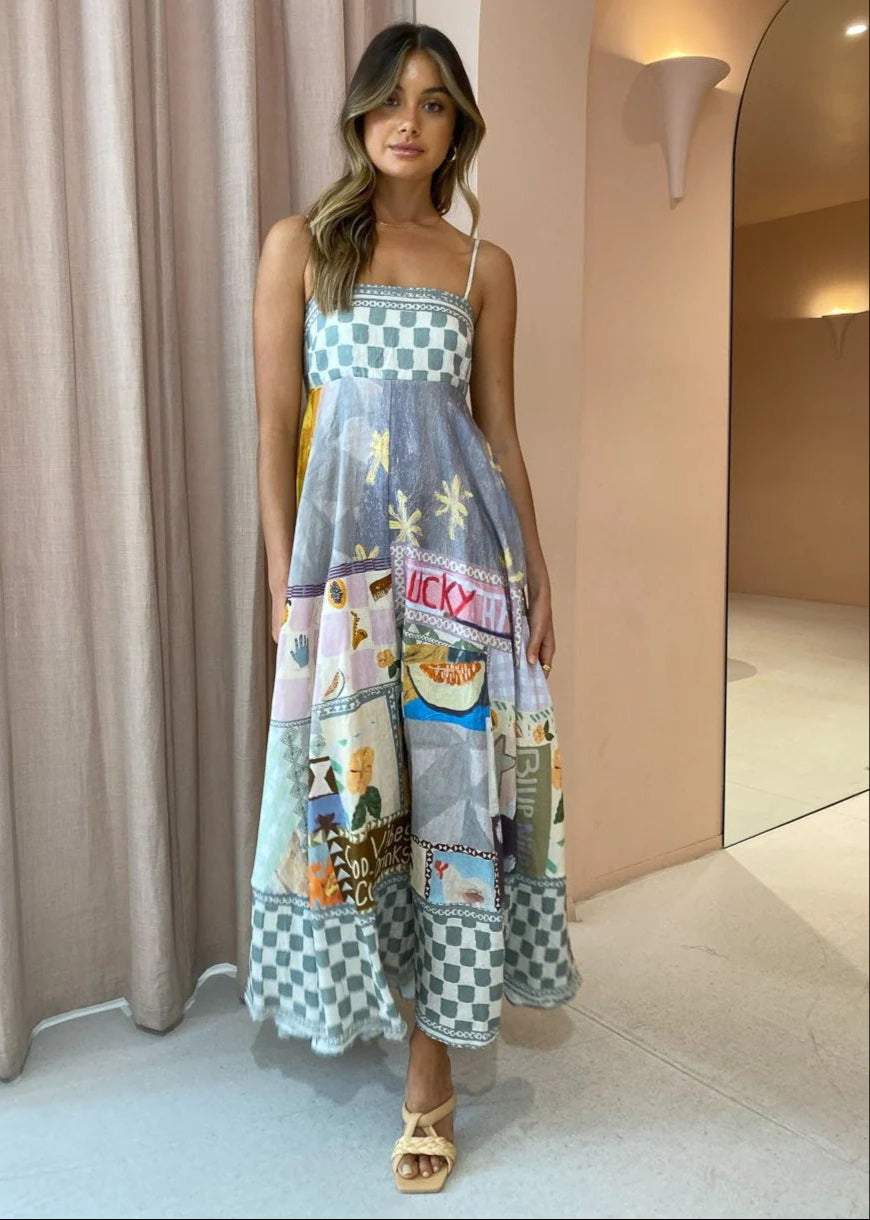 Sun Drenched Tropical Print Smocked Back Pocketed Dress
