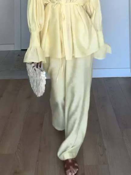 Loose Belt Shirt And Wide Leg Pants Suit-Pants