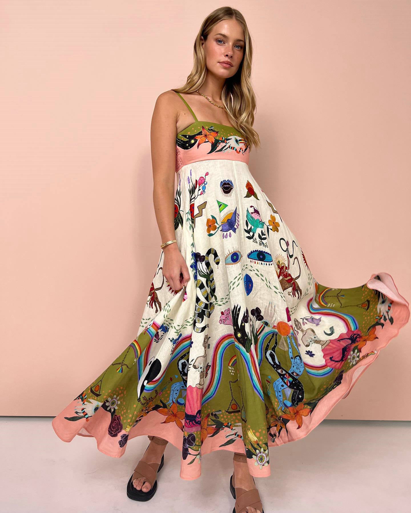 Sun Drenched Tropical Print Smocked Back Pocketed Dress