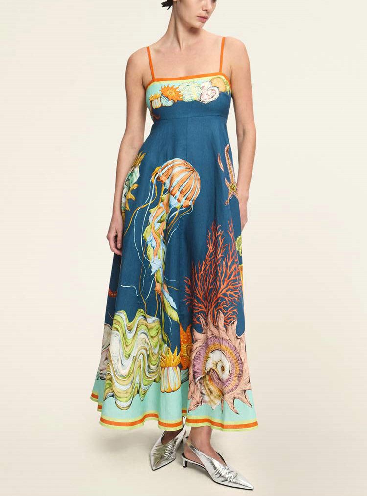 Sun Drenched Tropical Print Smocked Back Pocketed Dress