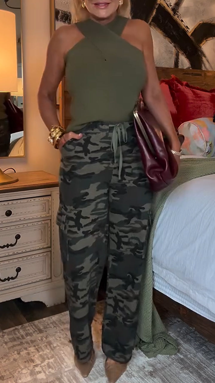 Ladies Round Neck Cross Top+ Camouflage Pants Casual Suit