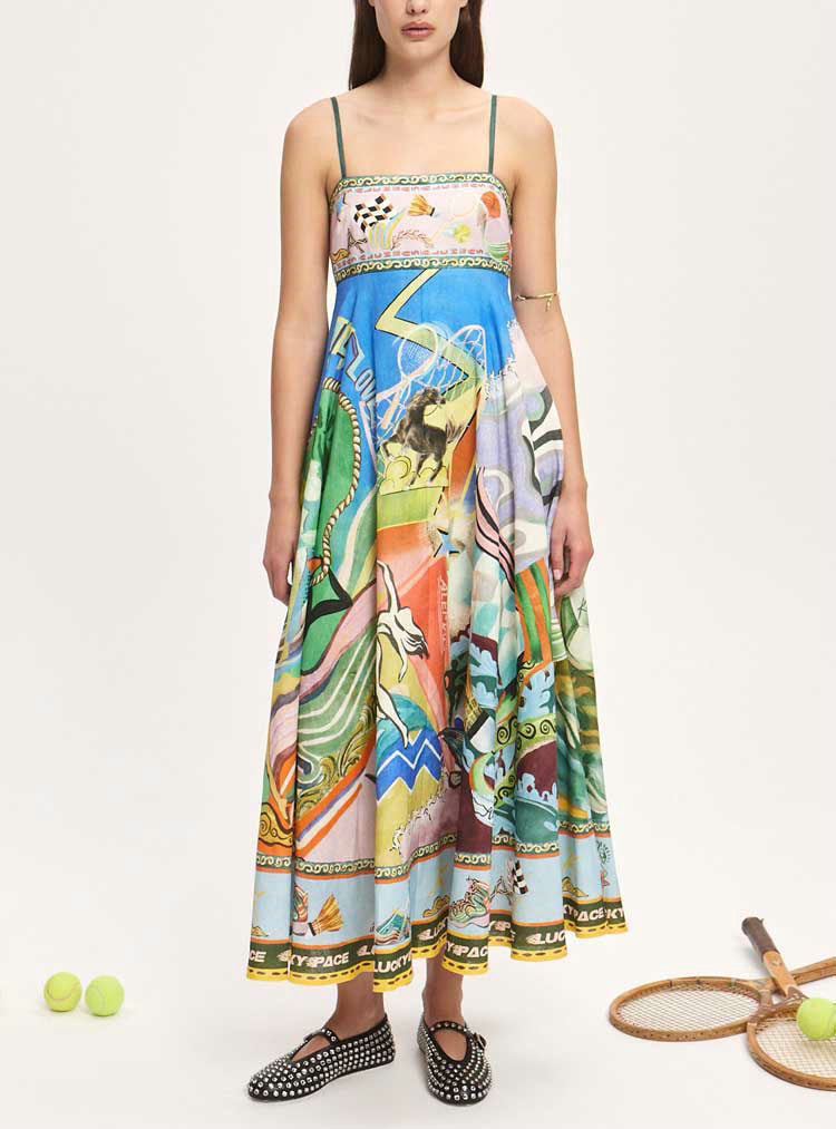 Sun Drenched Tropical Print Smocked Back Pocketed Dress