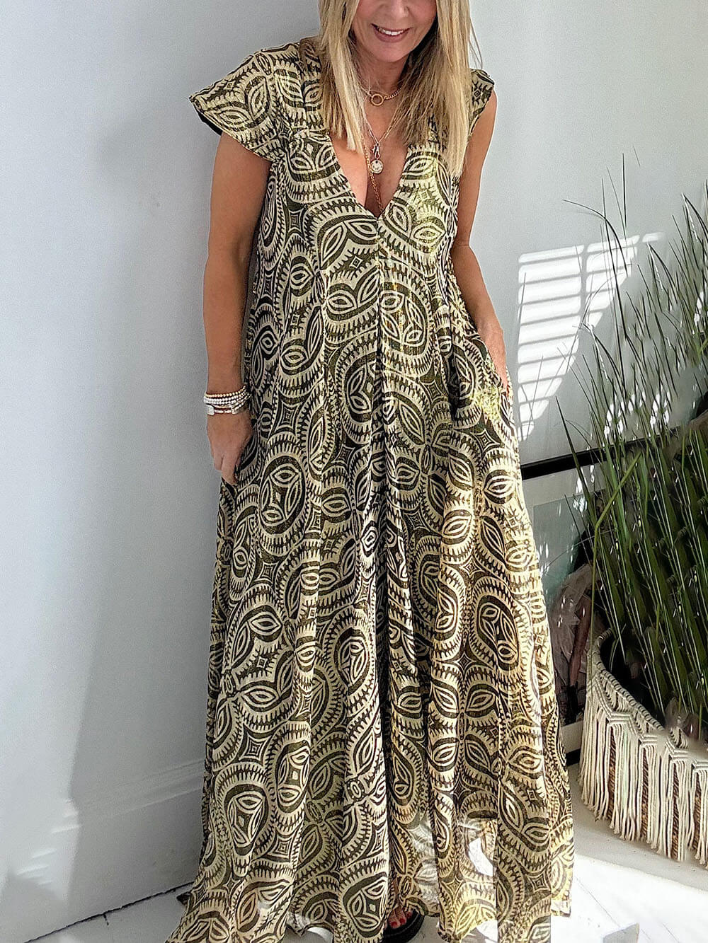 Flowy Unique Metallic Print Deep V Pocket Maxi Dress