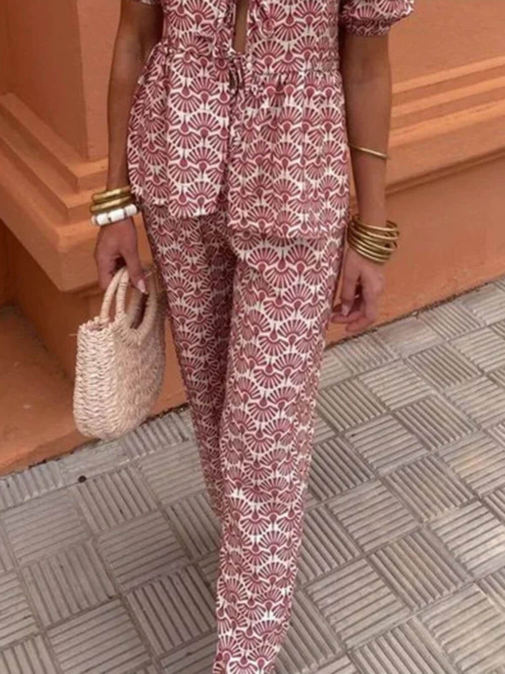 بنطال فضفاض مطاطي بطبعة زهور كاجوال