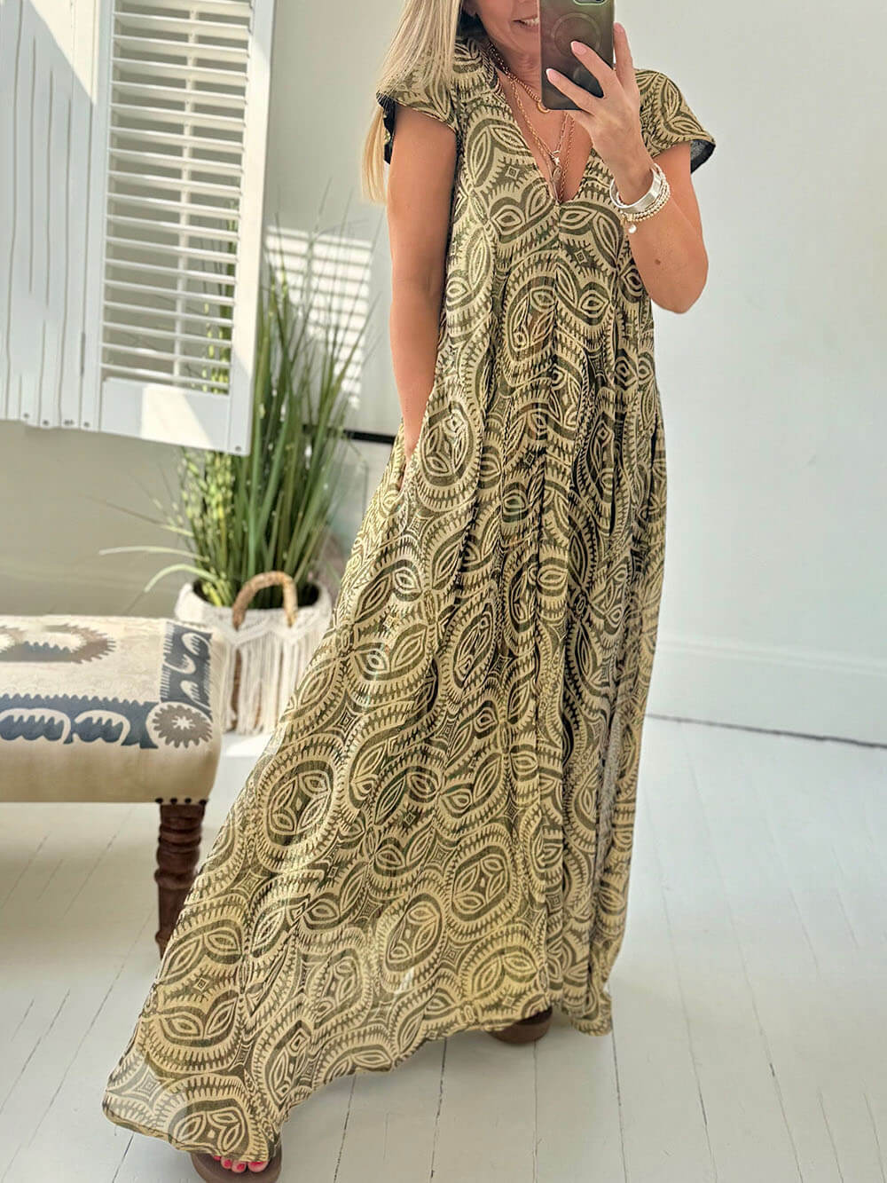 Flowy Unique Metallic Print Deep V Pocket Maxi Dress