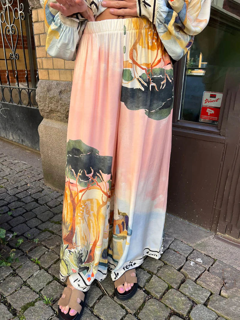 Unique Satin Landscape Print Loose Oversized Shirt and Pants Set