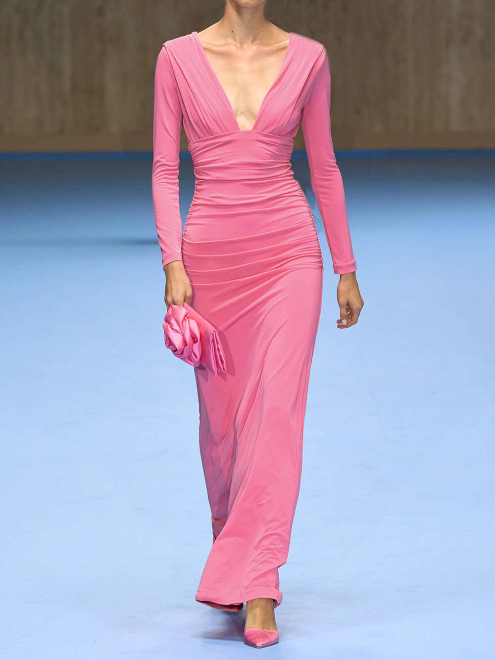 Elegant V-Neck Design And Waist Pleated Stretch Knit Maxi Dress