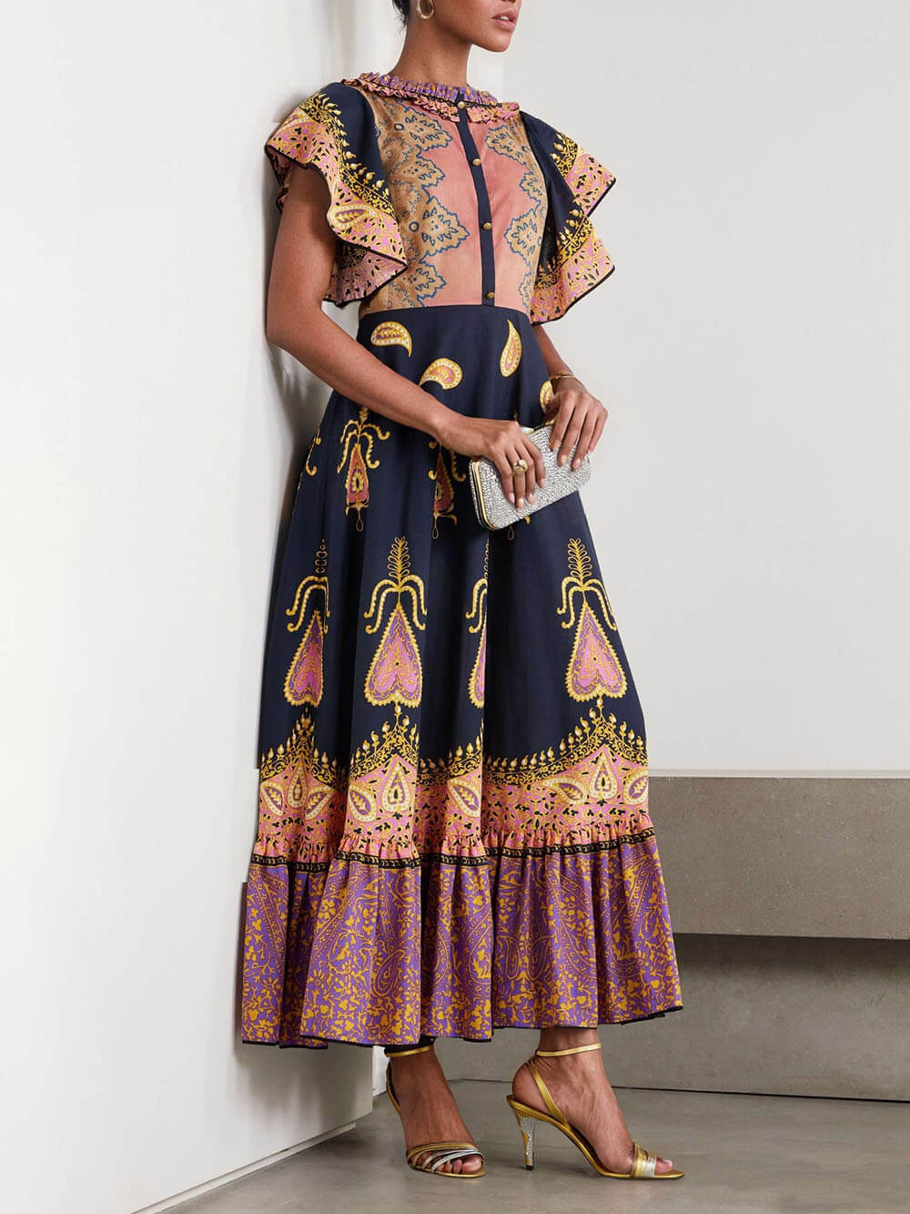 Bohemian Style Ruffled Layered Unique Paisley Floral Print Ruffle Maxi Dress