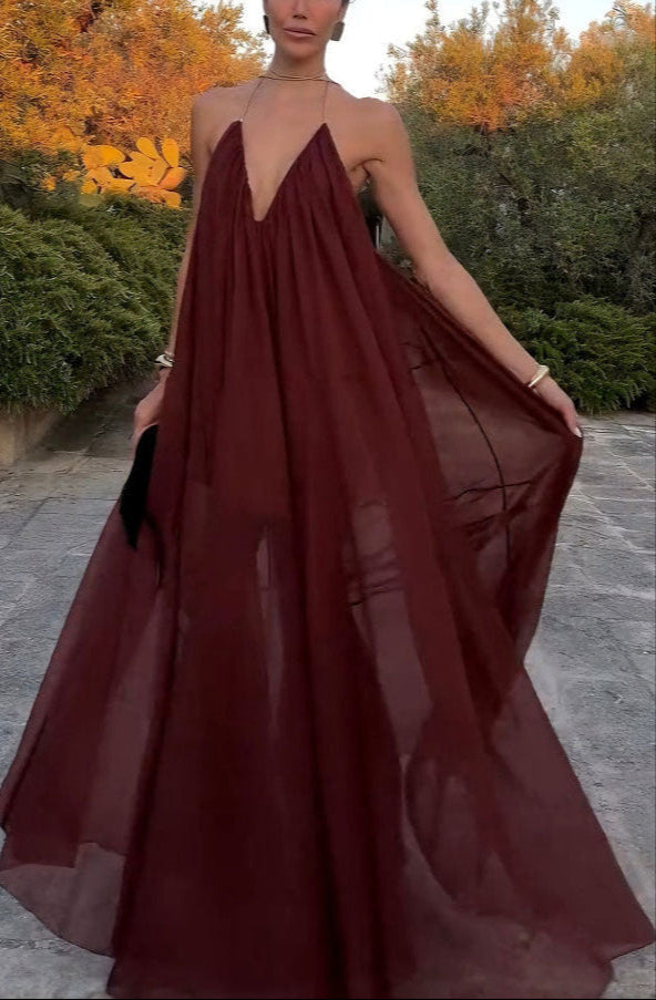 Moachic V-neck Chiffon Flowy Maxi Dress