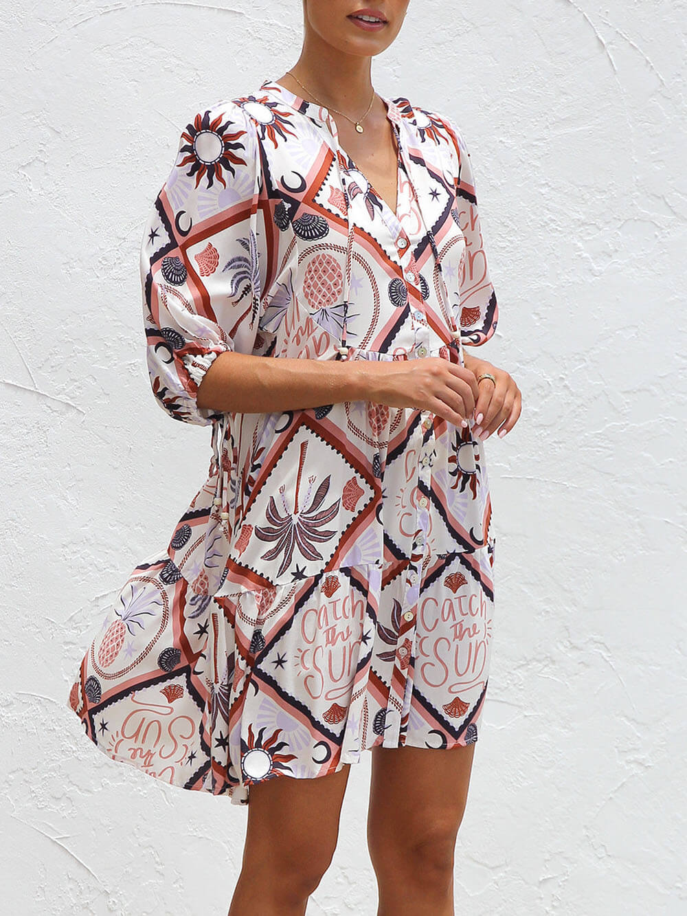 Delicate Satin Unique Contrast Print Tiered Pleated Tie Mini Dress