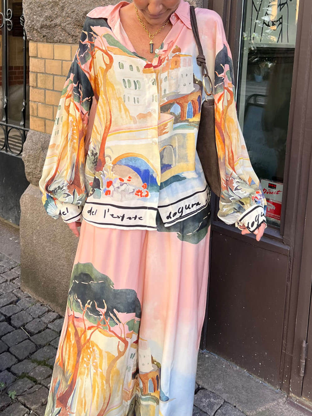 Unique Satin Landscape Print Loose Oversized Shirt and Pants Set
