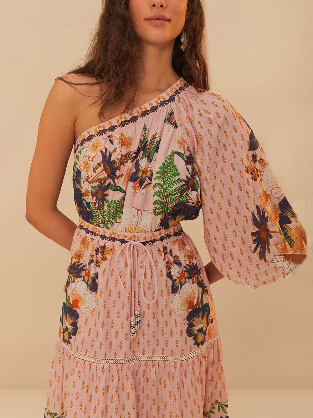 Exquisite Pink Unique Dream Garden Print One-Shoulder Sleeve Waisted Maxi Dress