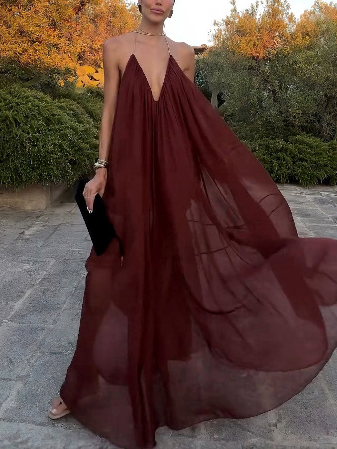 Moachic V-neck Chiffon Flowy Maxi Dress