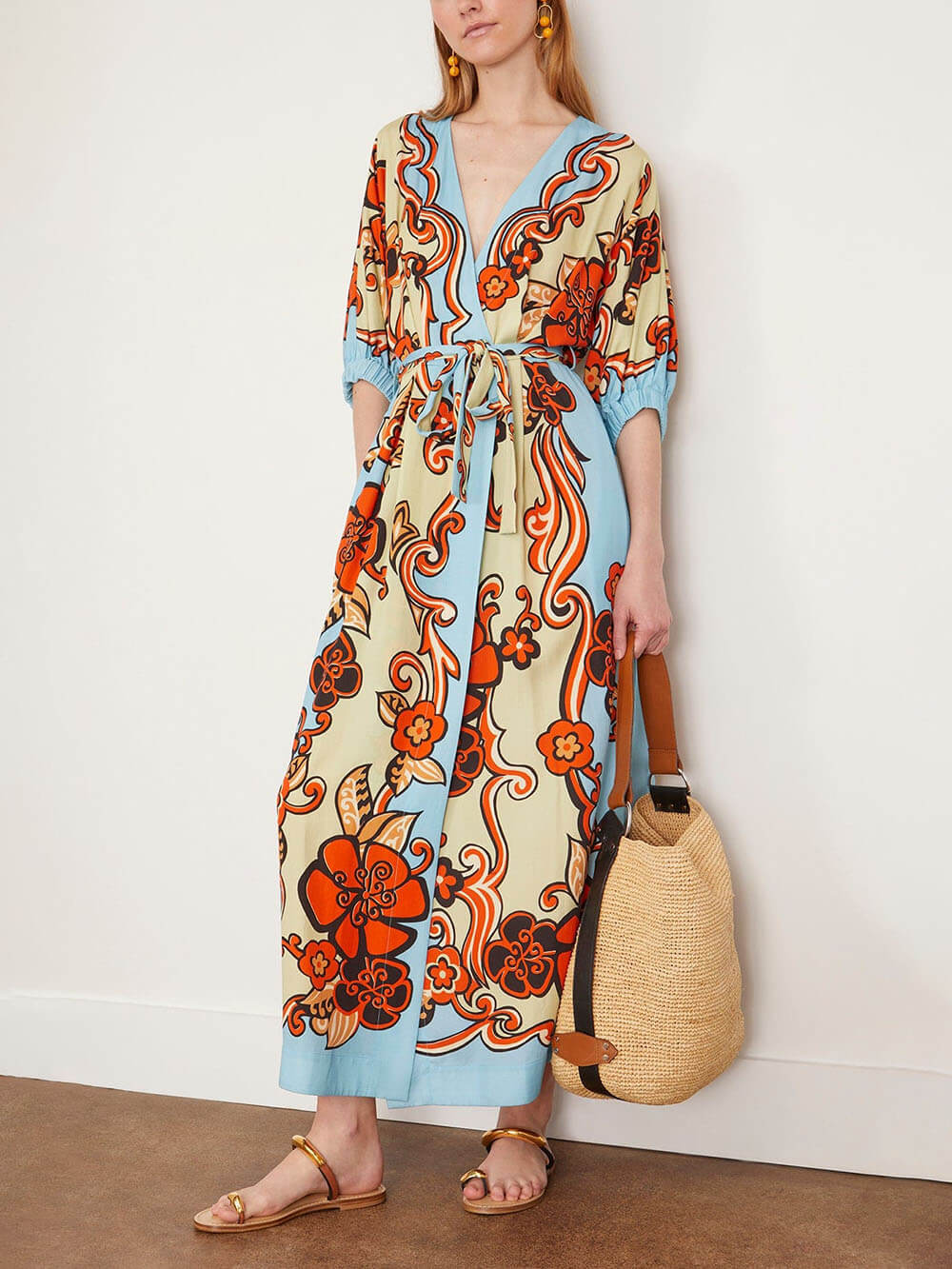 Fashionable Satin Unique Sky Color Print Loose Lace Maxi Dress