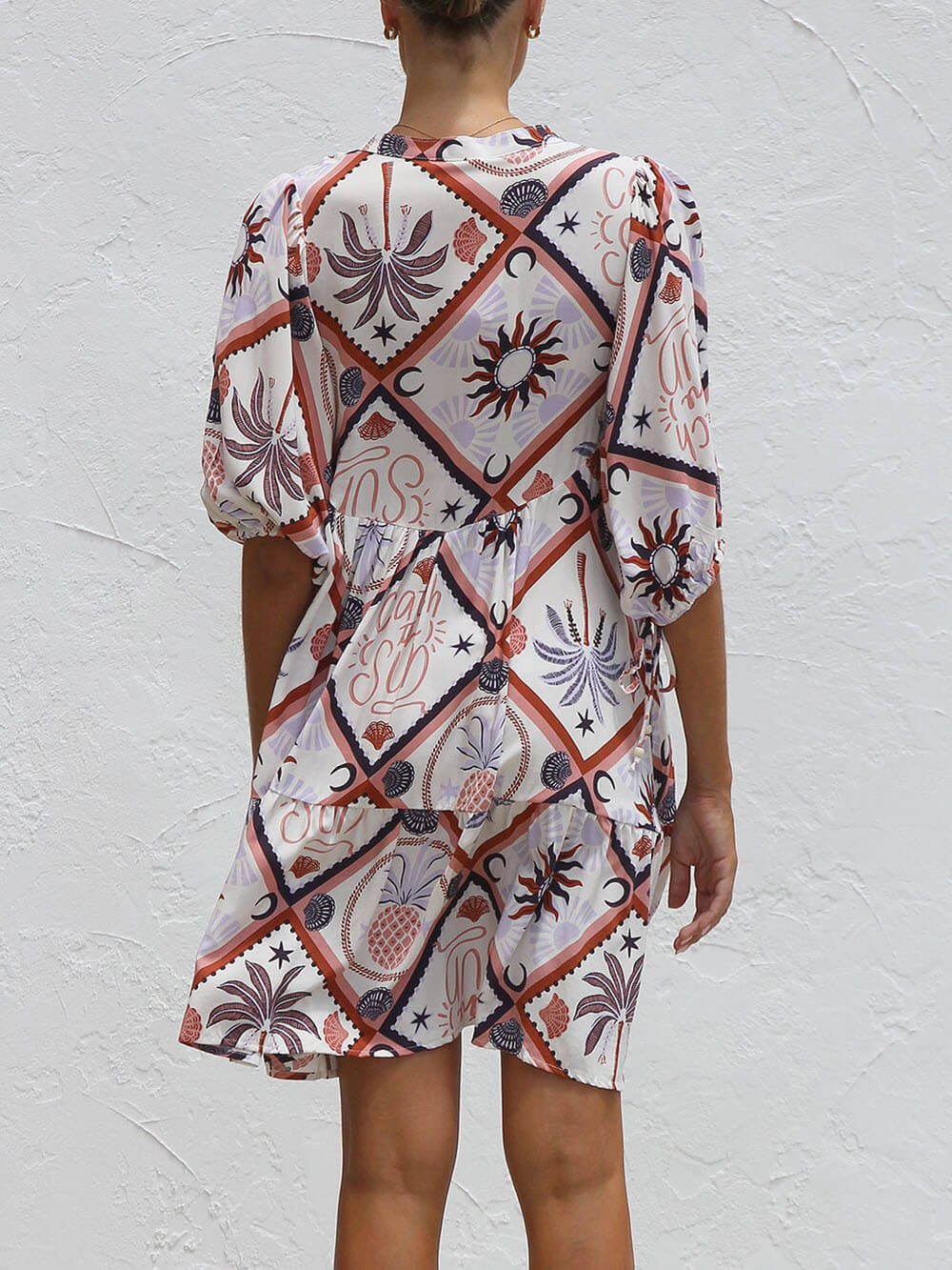 Delicate Satin Unique Contrast Print Tiered Pleated Tie Mini Dress