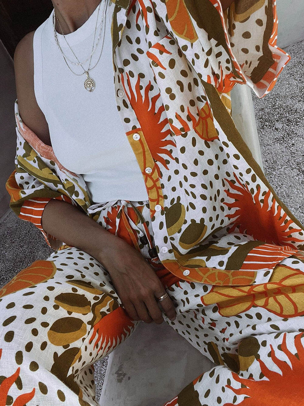 Casual Unique Satin Sun Print Loose Button Down Oversized Shirt and pant 2 pieces set