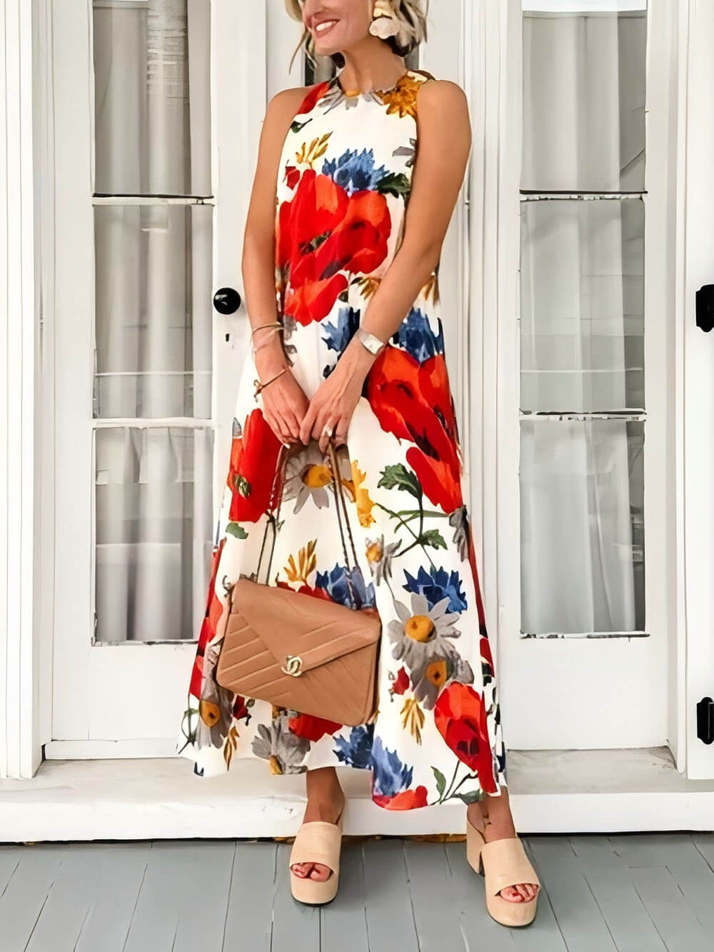Modern Feel Crimson Poppy Linen Blend Back Elegant Bow Details Loose Maxi Dress