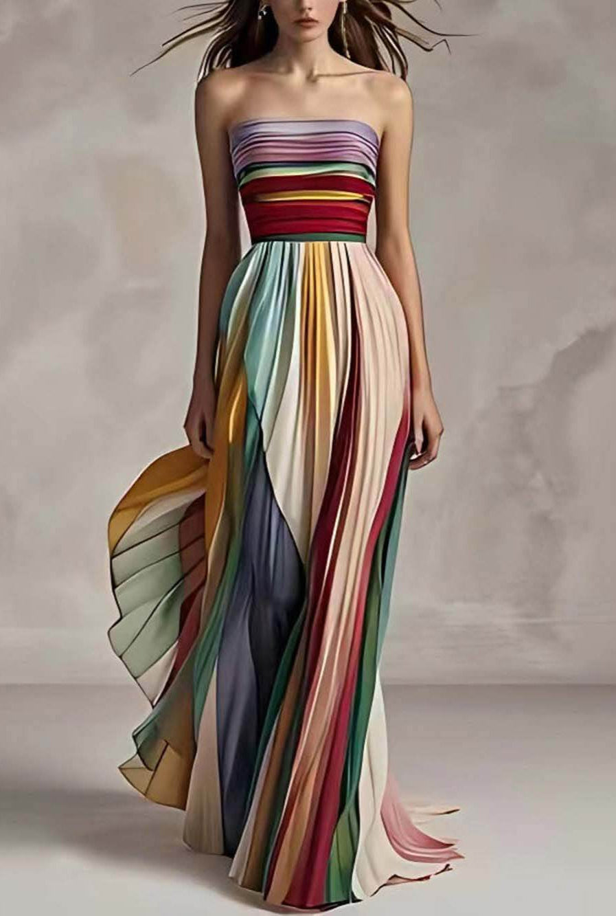 Elegant Striped Printed Off-shoulder Pleated Bandeau Maxi Dress