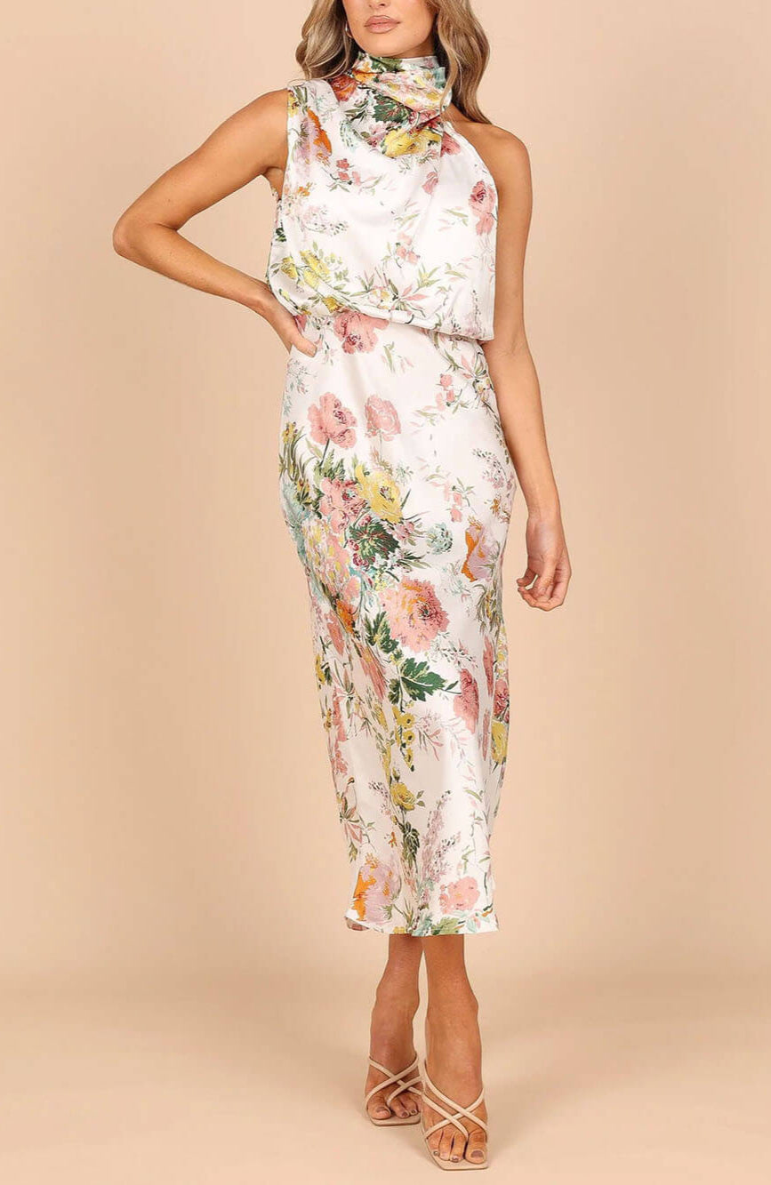 Floral Print Halter Neck Elastic Waist Maxi Dress