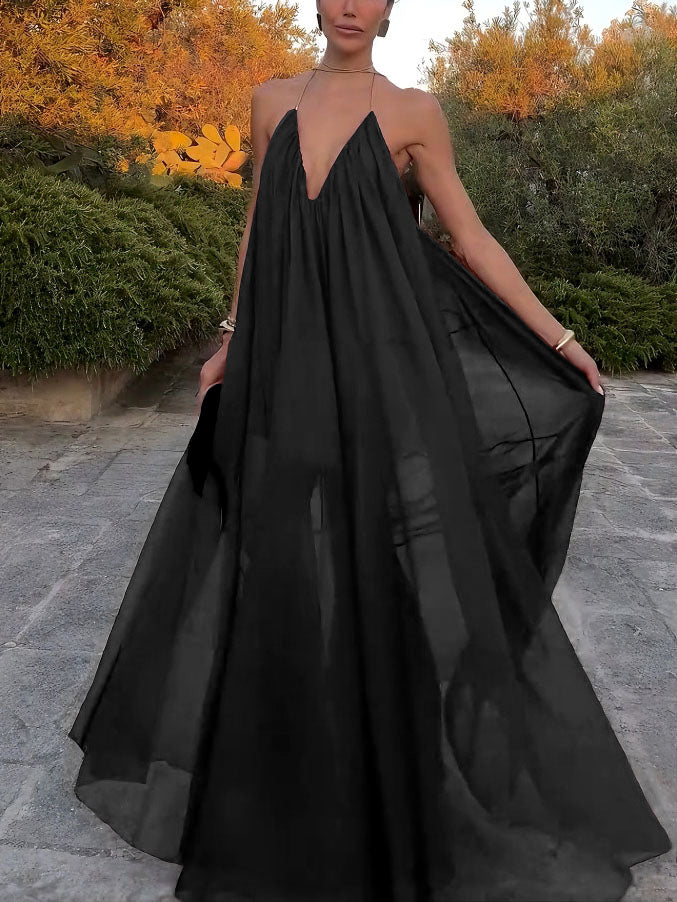 Moachic V-neck Chiffon Flowy Maxi Dress