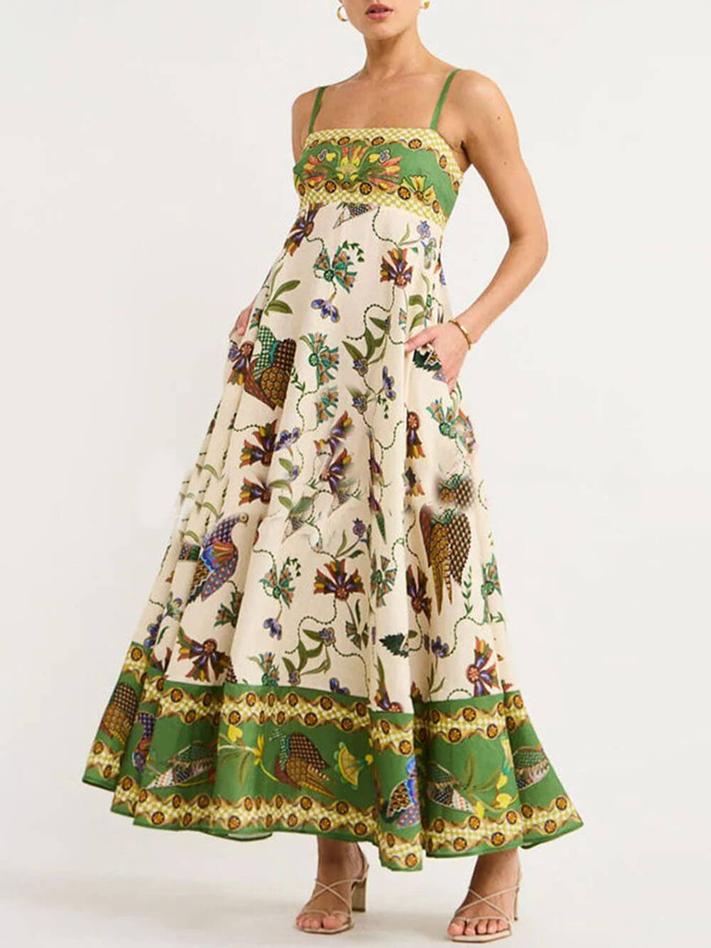 Sun Drenched Tropical Print Smocked Back Pocketed Dress