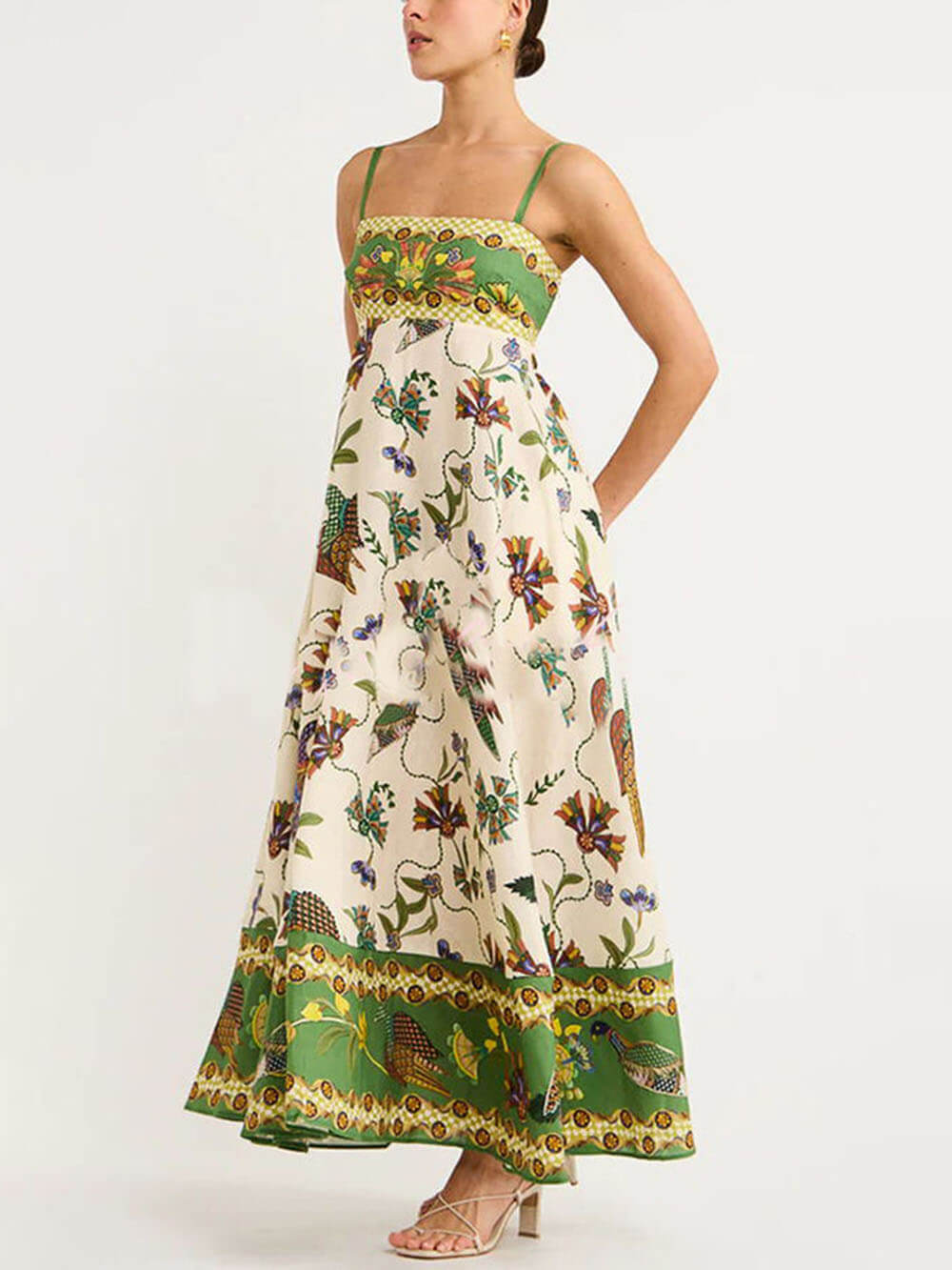Sun Drenched Tropical Print Smocked Back Pocketed Dress