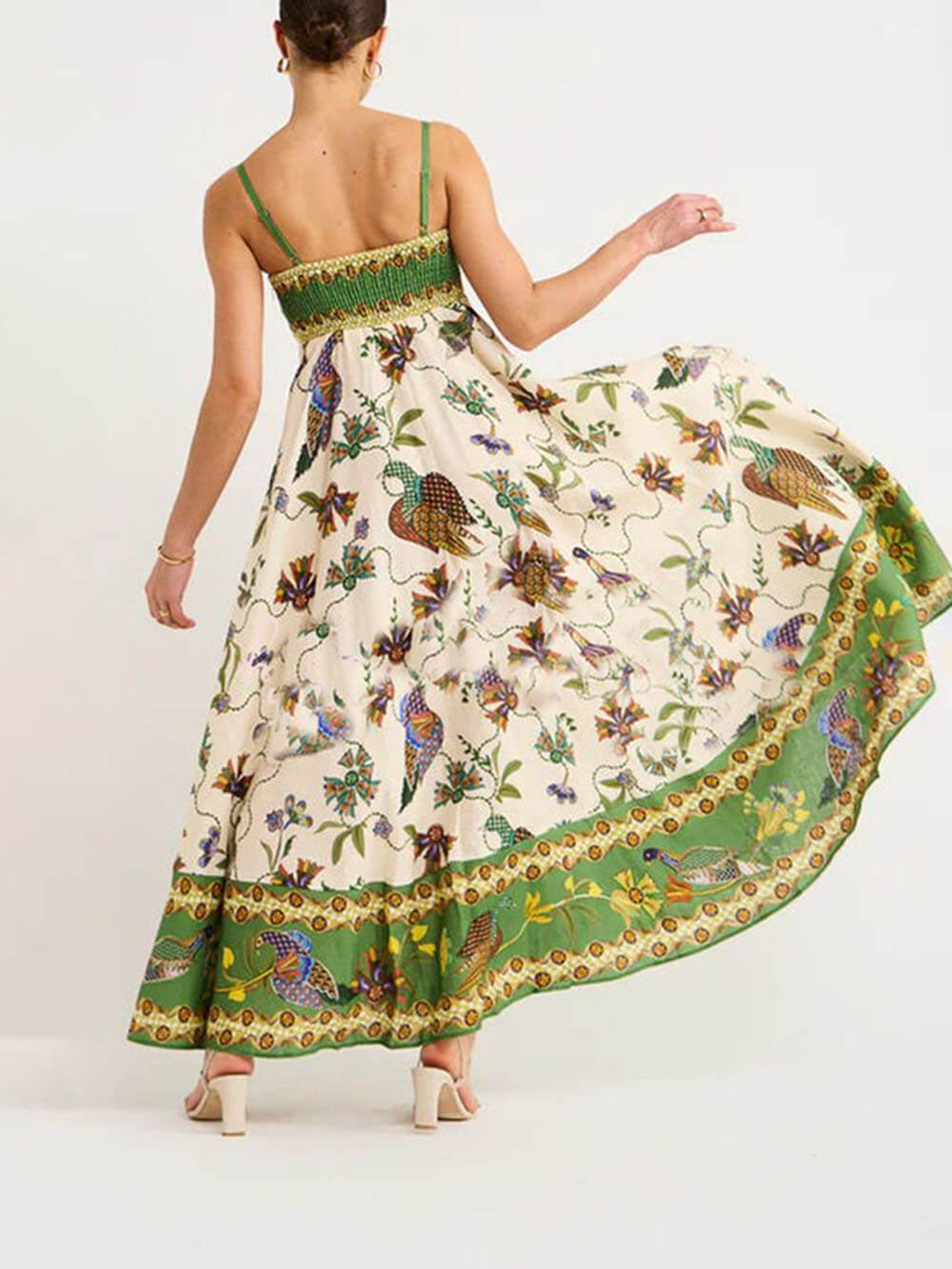 Sun Drenched Tropical Print Smocked Back Pocketed Dress
