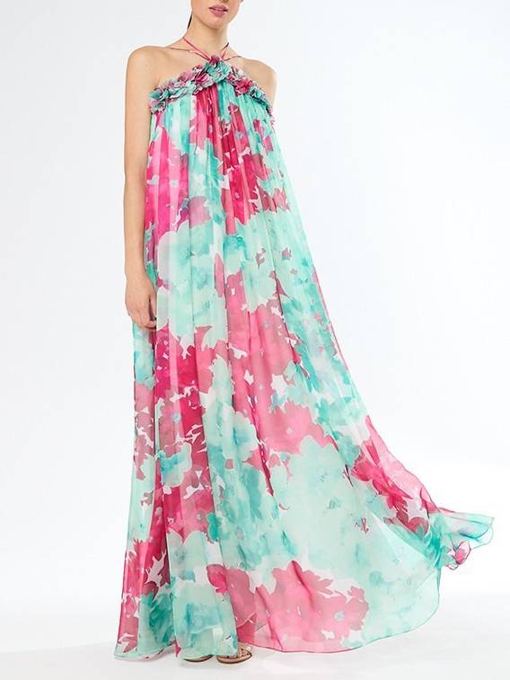 Halter Neck 3D Flower Print Dress
