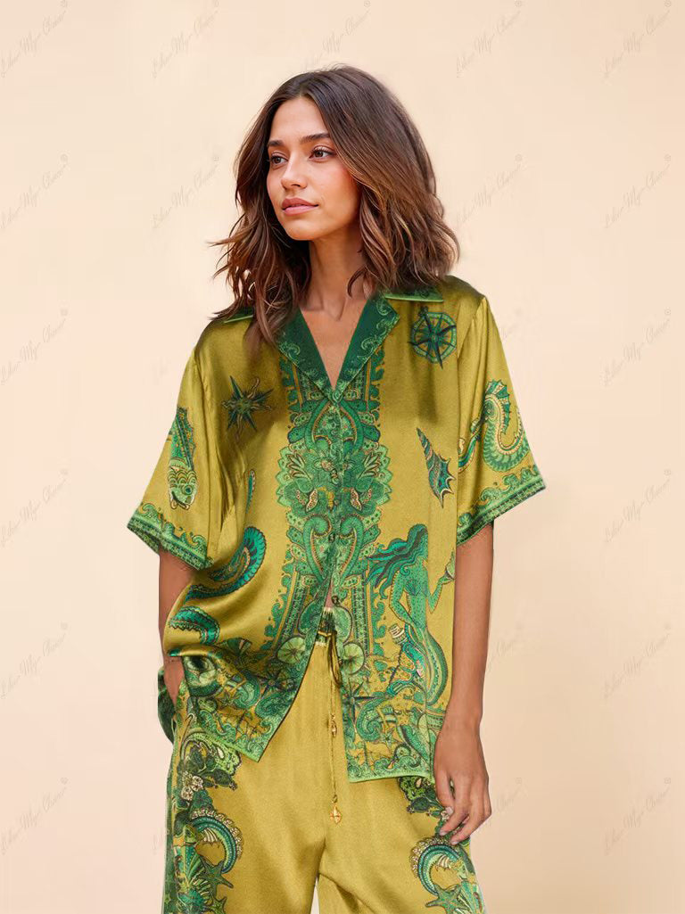 Exquisite Satin Unique Floral Print Button Down Loose Shirt