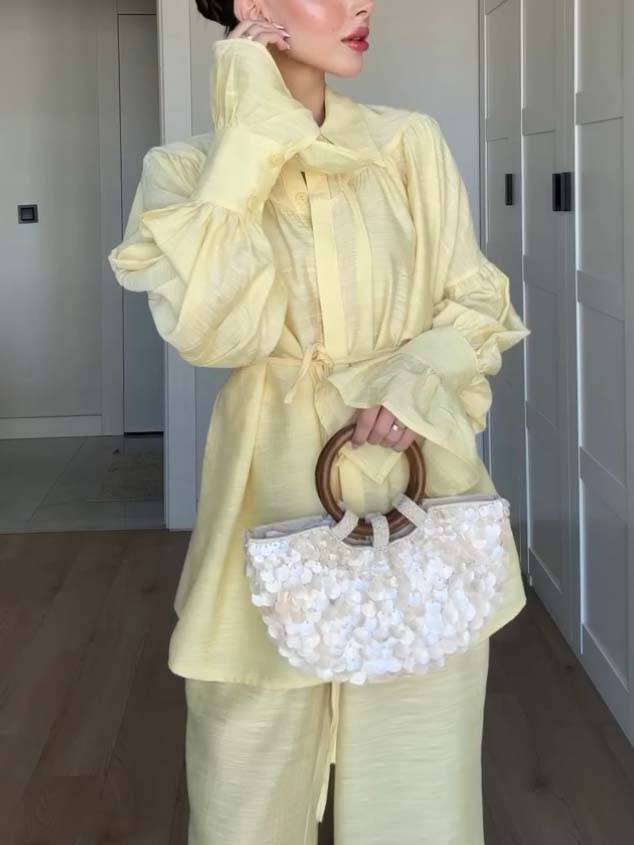 Loose Belt Shirt And Wide Leg Pants Suit-Pants