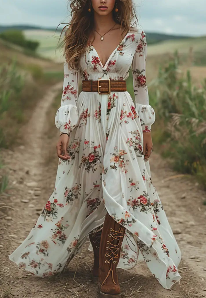 Women's Vintage V-neck Floral Bohemian Pastoral Style Long-sleeved Maxi Long Dress