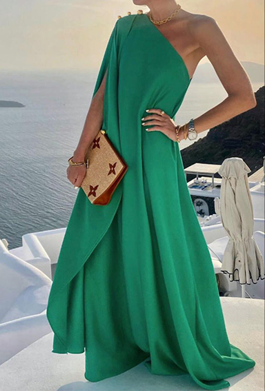 Fashionable Solid Color Loose One Shoulder Maxi Dress