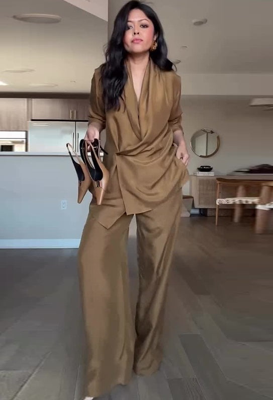 Moachic Satin Drape Collar Single Button Casual Blazer and Elastic Waist Pocket Loose Pants Set
