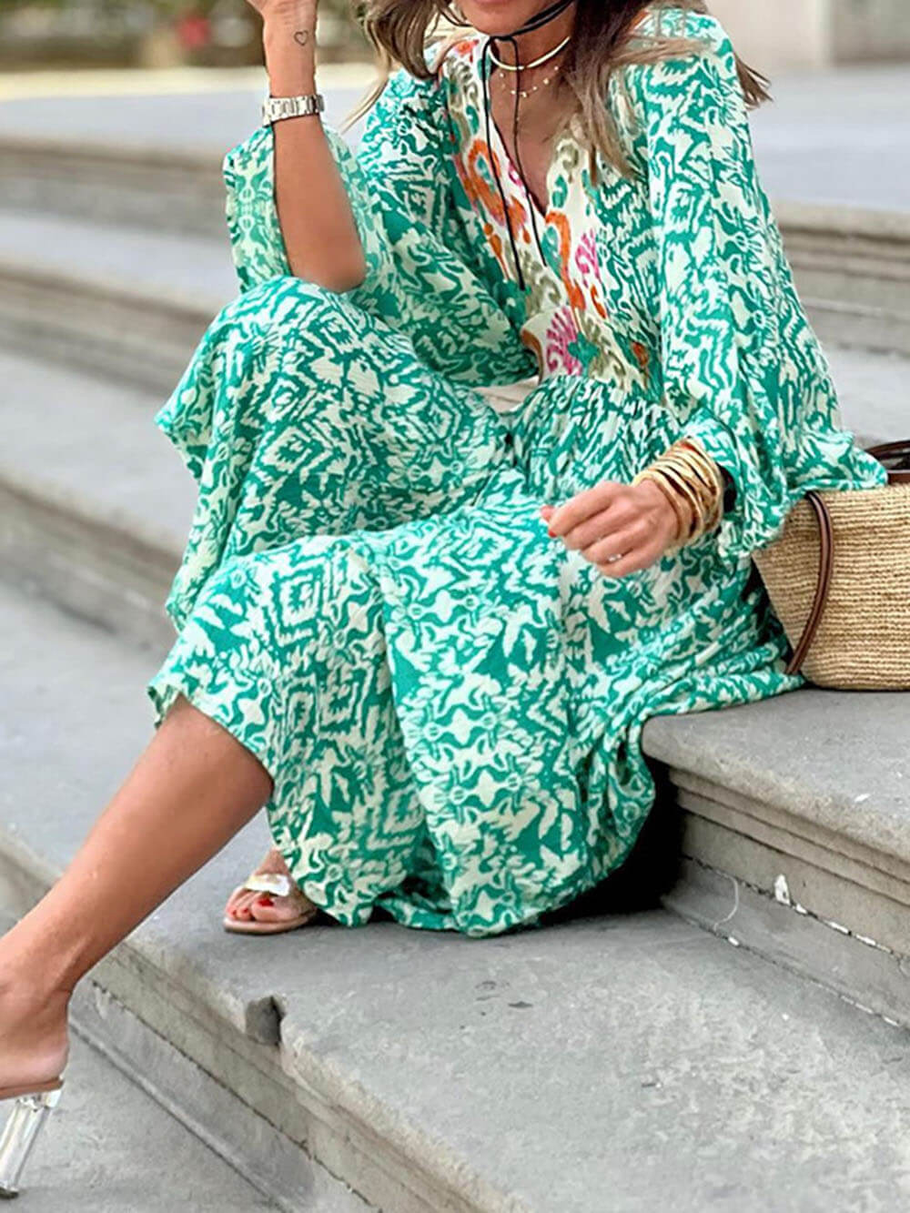 Fashionable And Casual V-Neck Colorblock Print Maxi Dress