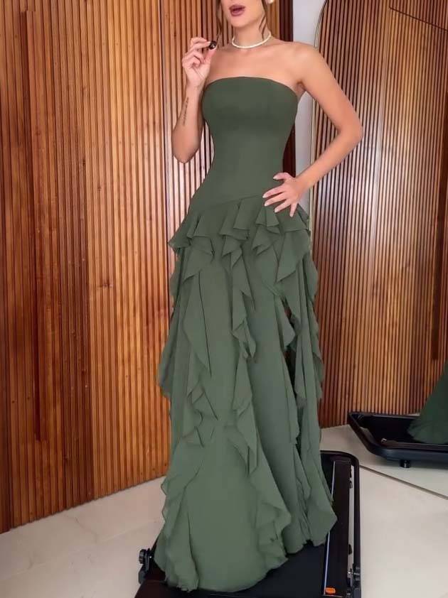 Tube Top Multi-layer Ruffled Side Slit Maxi Dress