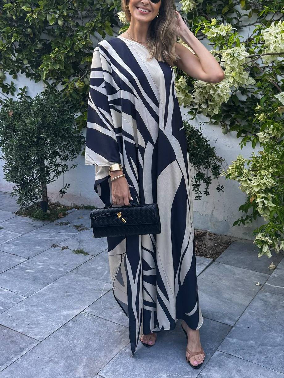 Oblique Shoulder Print Maxi Dress