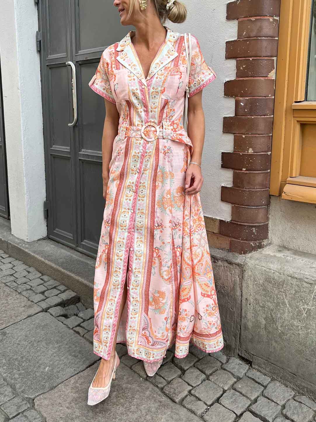Exquisite Vintage Plley Print Shirt-style Maxi Dress